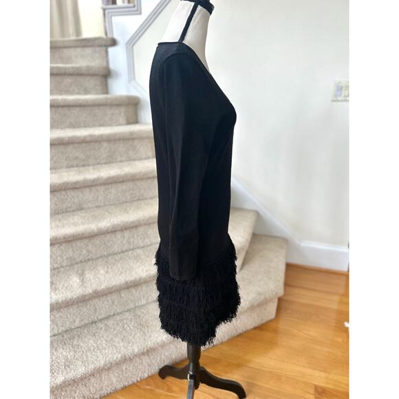 Calvin Klein Black Knit Fringe Trim long Sleeve Scoop Neck Sheath Dress - Picture 2 of 7